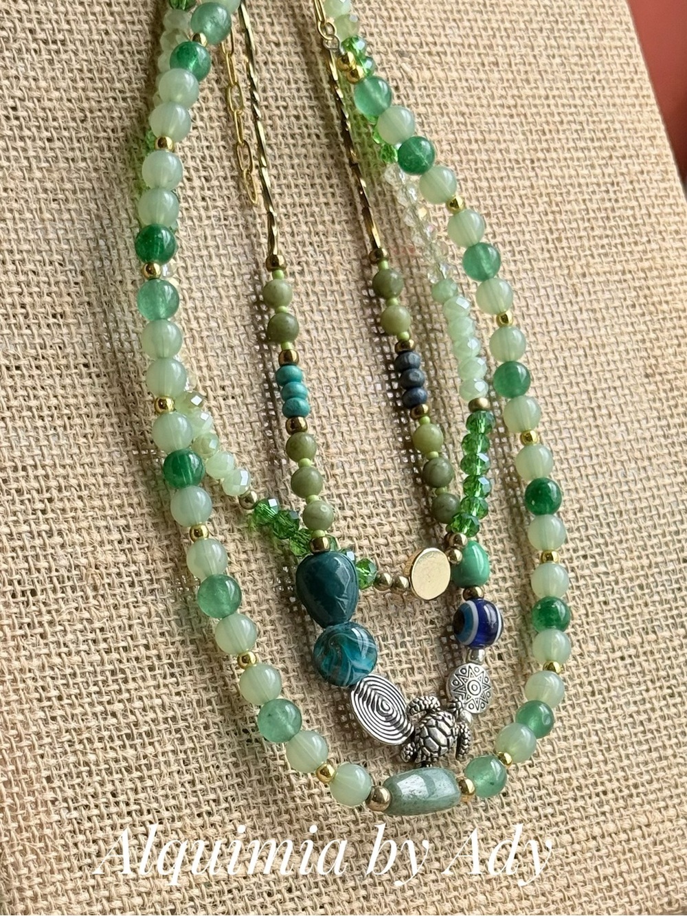 Summer Glam + Green gemstones and Gold Layered Beaded Necklace